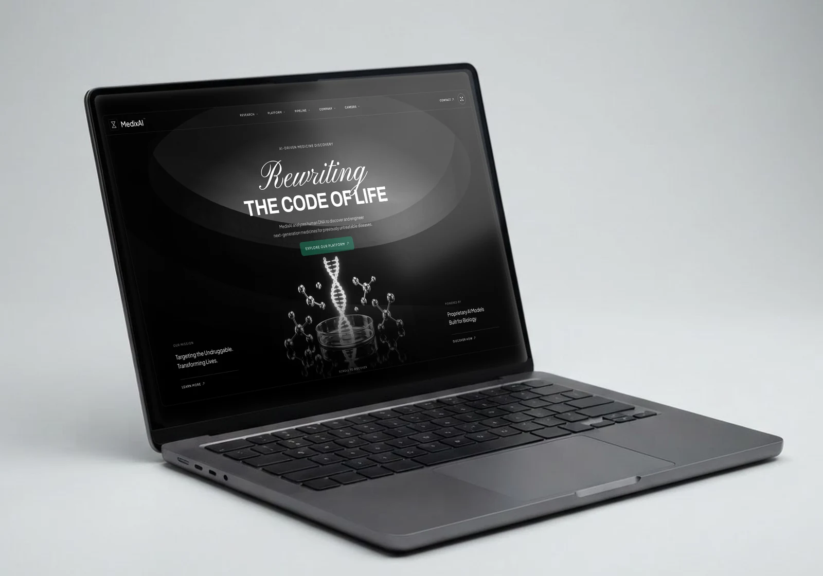 A laptop showing the MedixAI homepage: a script headline 'Rewriting' over 'THE CODE OF LIFE', a DNA helix over a petri dish on a black page