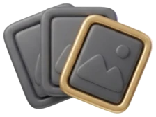 A fan of three picture frames, the front one in gold and tilted