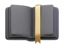 An open book with a gold ribbon