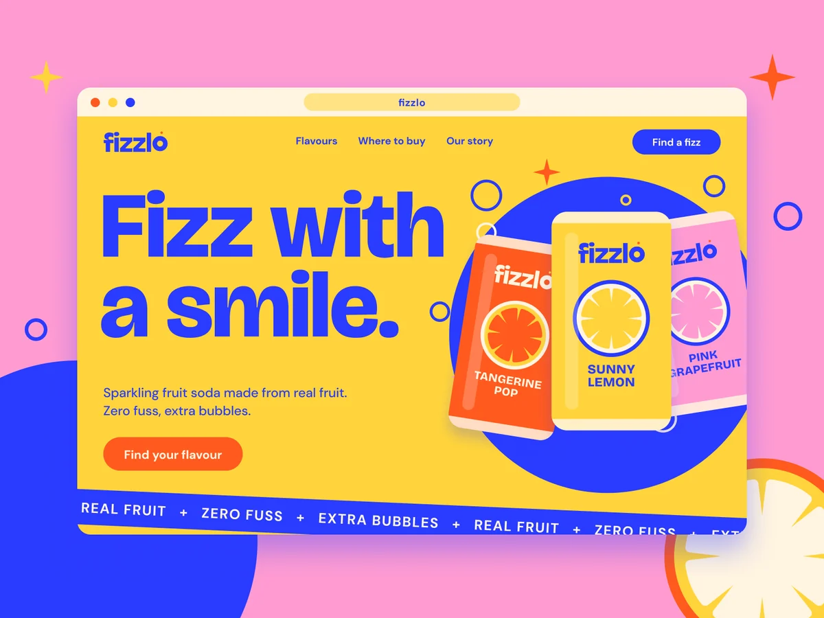 Fizzlo website hero in a browser window: the headline "Fizz with a smile." in cobalt on yellow, three soda cans on a cobalt disc
