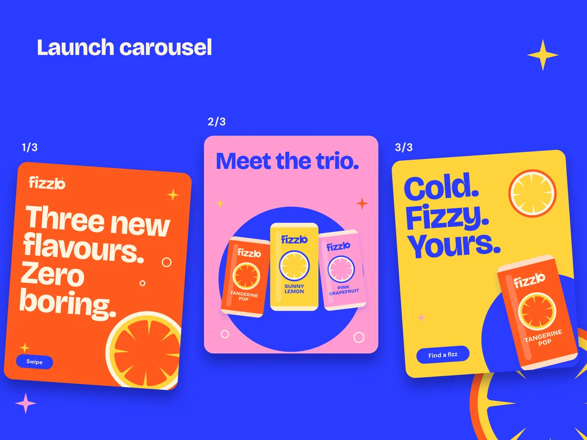 A three-tile Fizzlo launch carousel on a cobalt background
