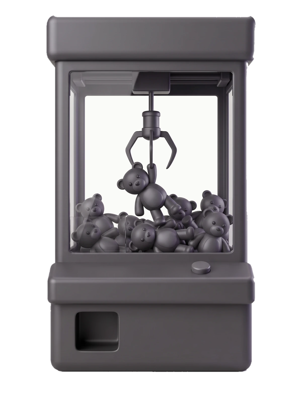 A grey claw machine full of identical grey teddy bears, one bear hanging from the claw.