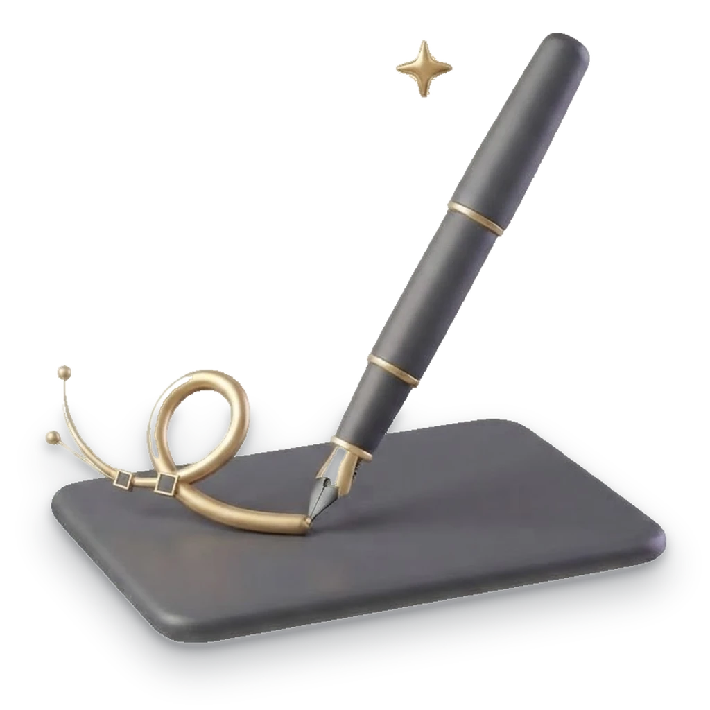 A graphite fountain pen, with no hand holding it, draws a gold curve with anchor points on a graphite tablet.