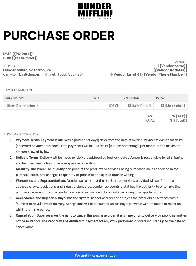 Portant's Purchase Order Template