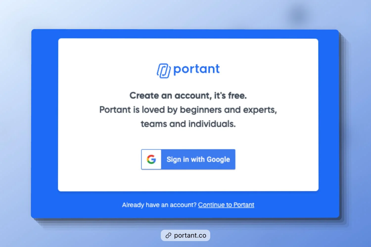 Portant's Account Sign Up Pop-Up Window