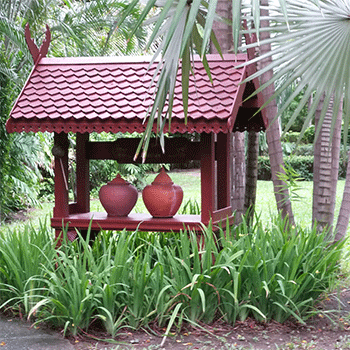 A Thai building with exotic bushes and trees around it