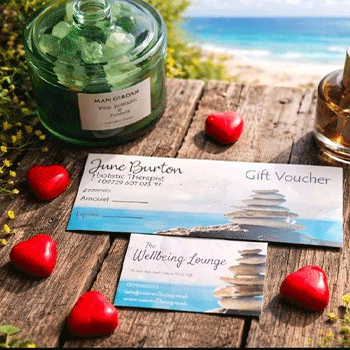 Wellbeing gift voucher and business card on a wooden table
