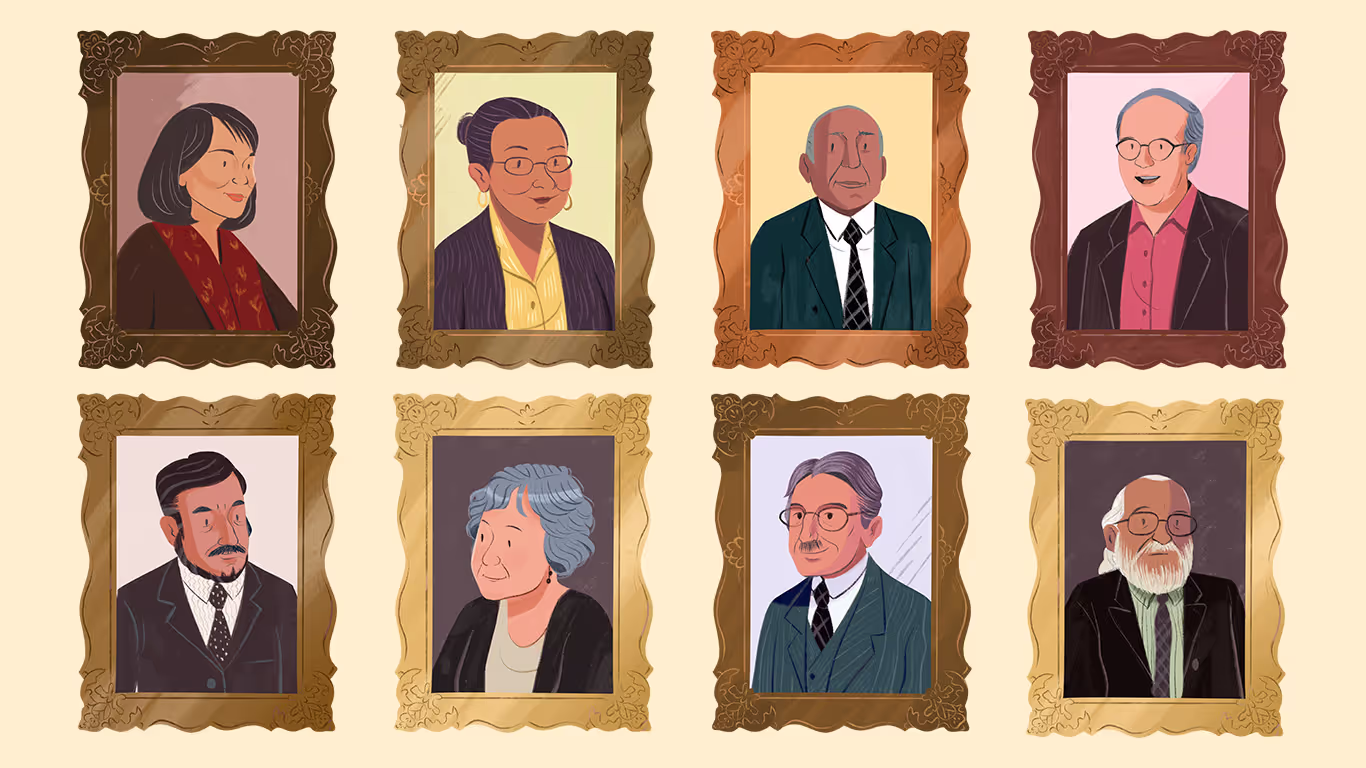 Illustrated portraits of eight progressive educators in decorative frames on a beige background.