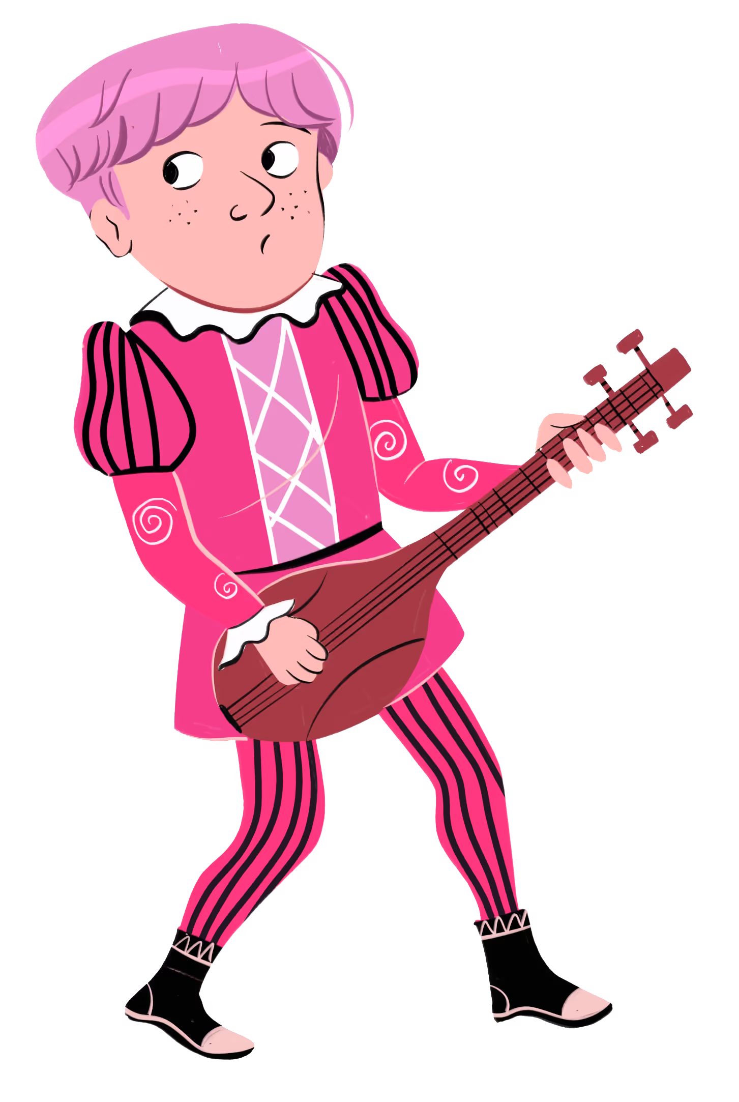 A boy in a Renaissance outfit with a lute.