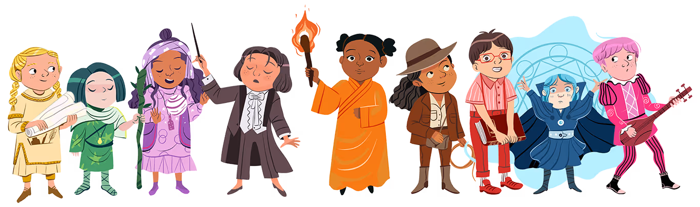 Illustration of nine diverse children in costumes representing historical, magical, and fantasy characters, standing in a line.