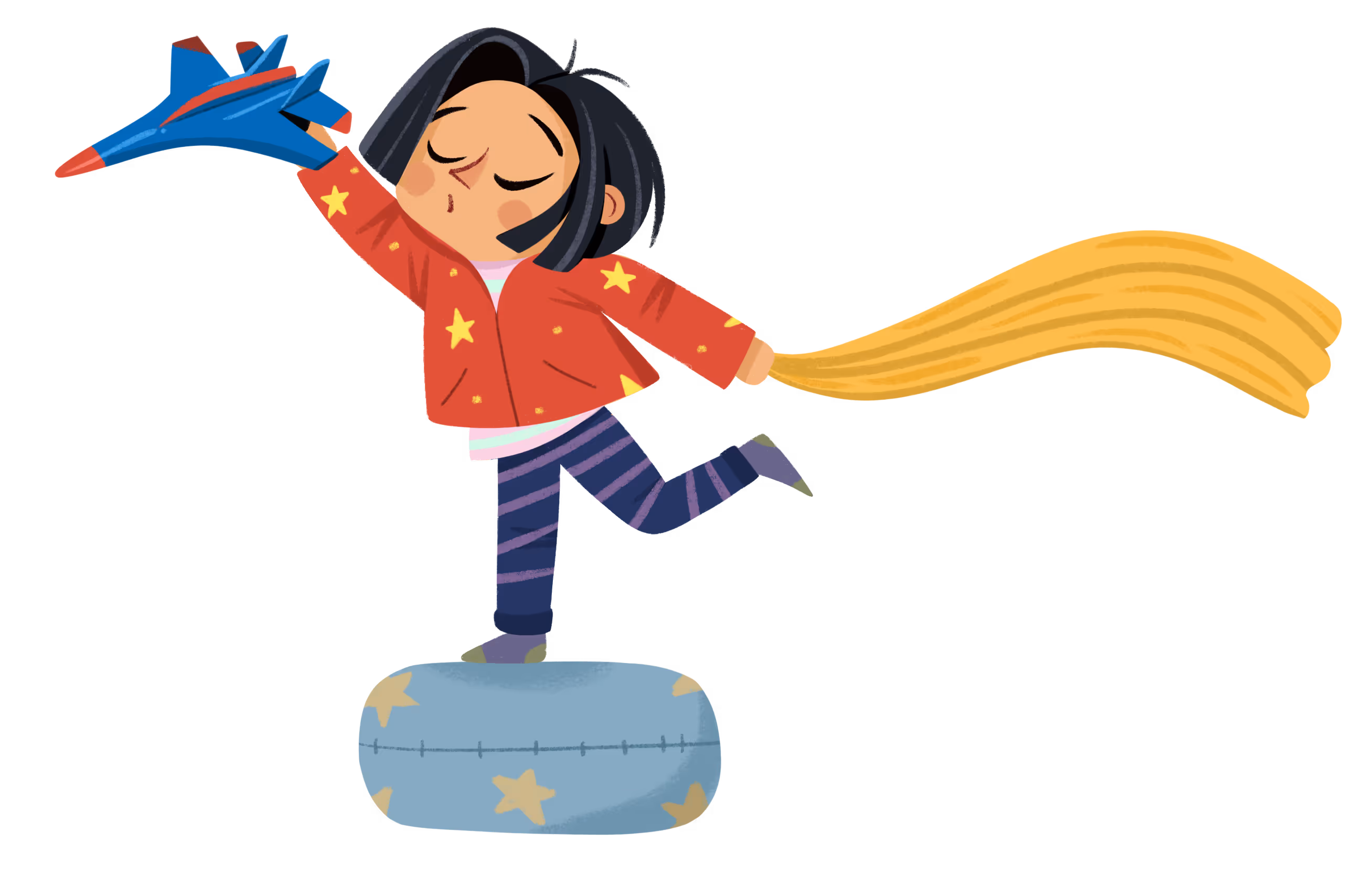 Child in striped pants and red star-patterned jacket balancing on a blue star-covered cushion, holding a blue and red toy airplane in one hand and a long yellow scarf trailing behind.