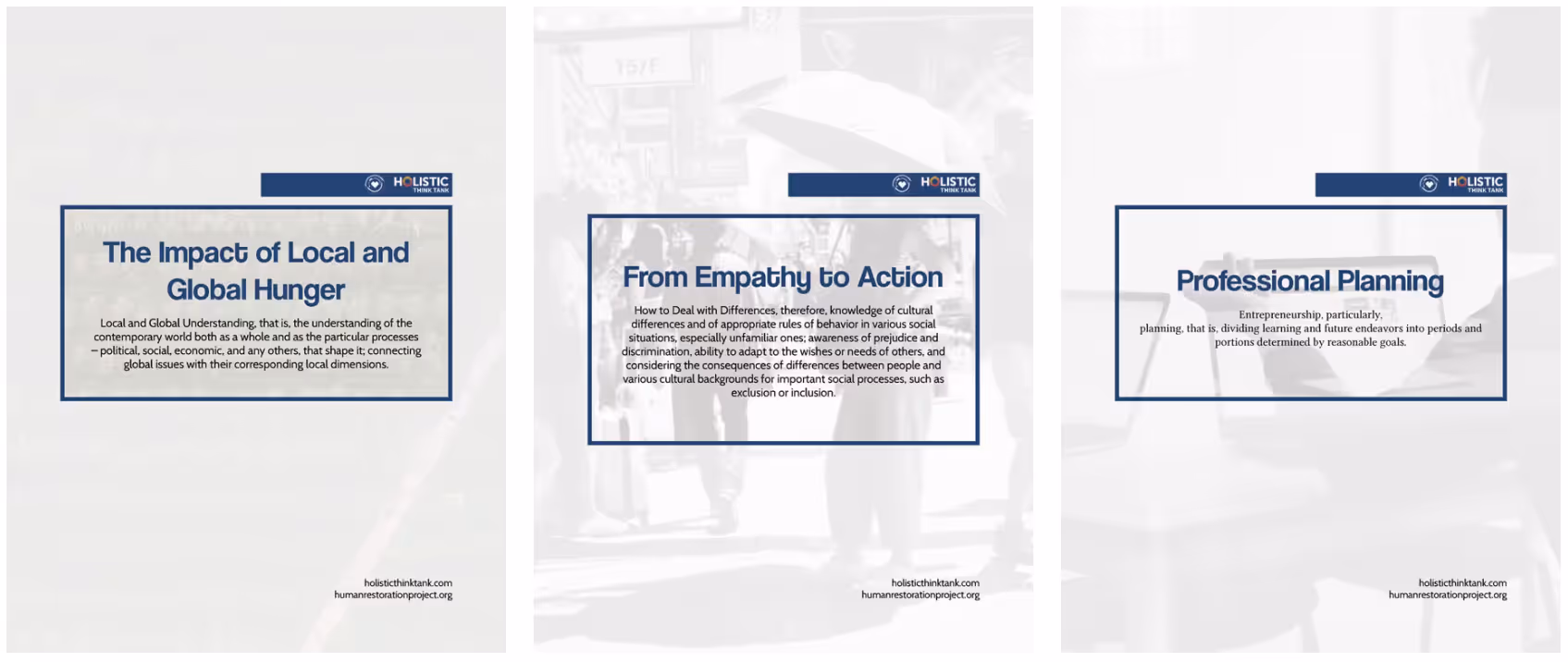 Three informational posters from our IDS about social topics: The Impact of Local and Global Hunger, From Empathy to Action, and Professional Planning.