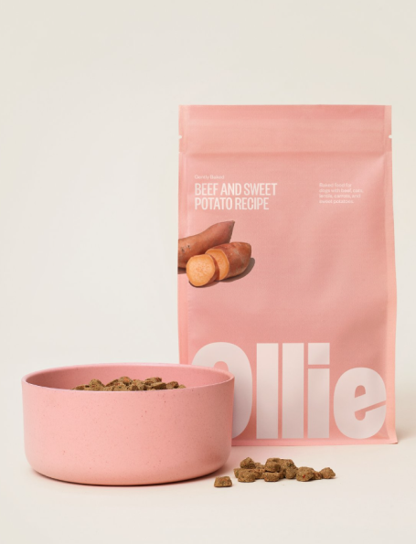 pink Ollie dog food packaging with bowl and bag