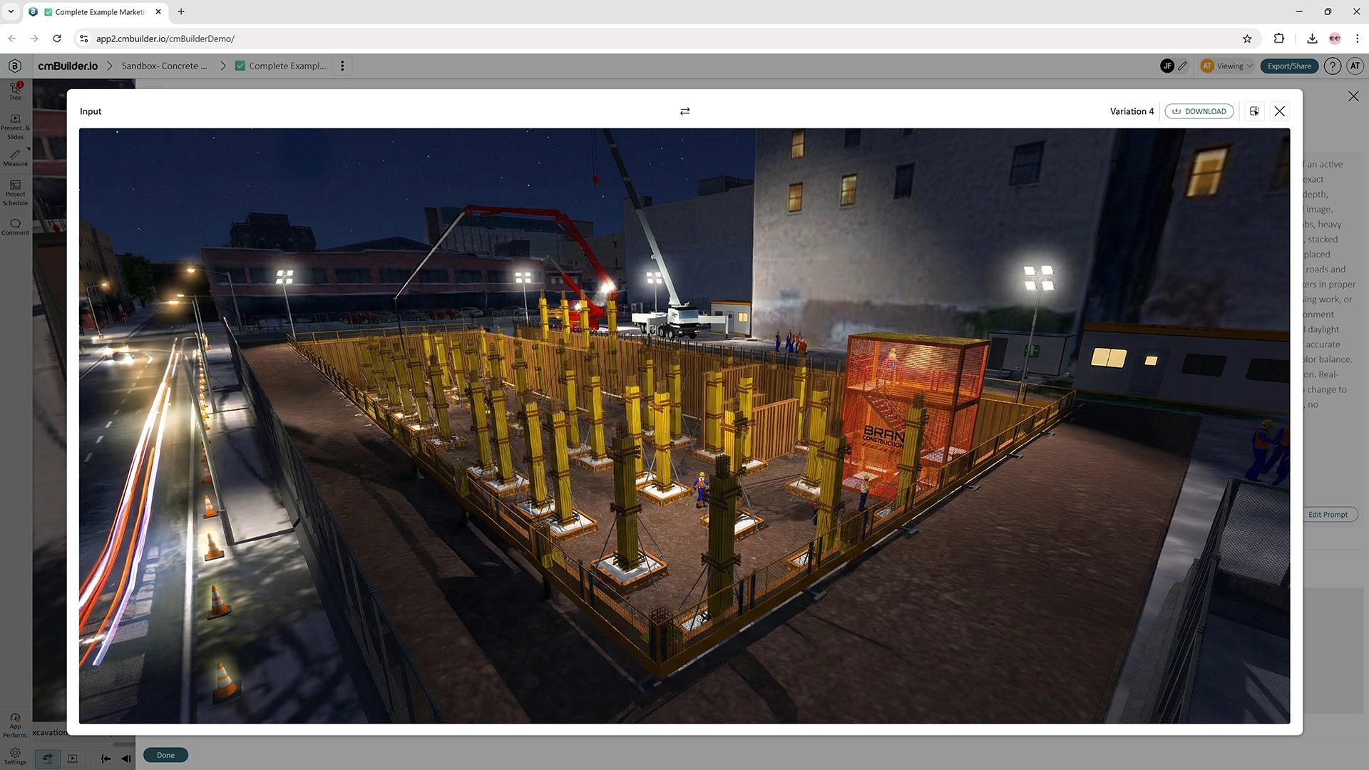 cmBuilder generated image rendering-night view of construction site