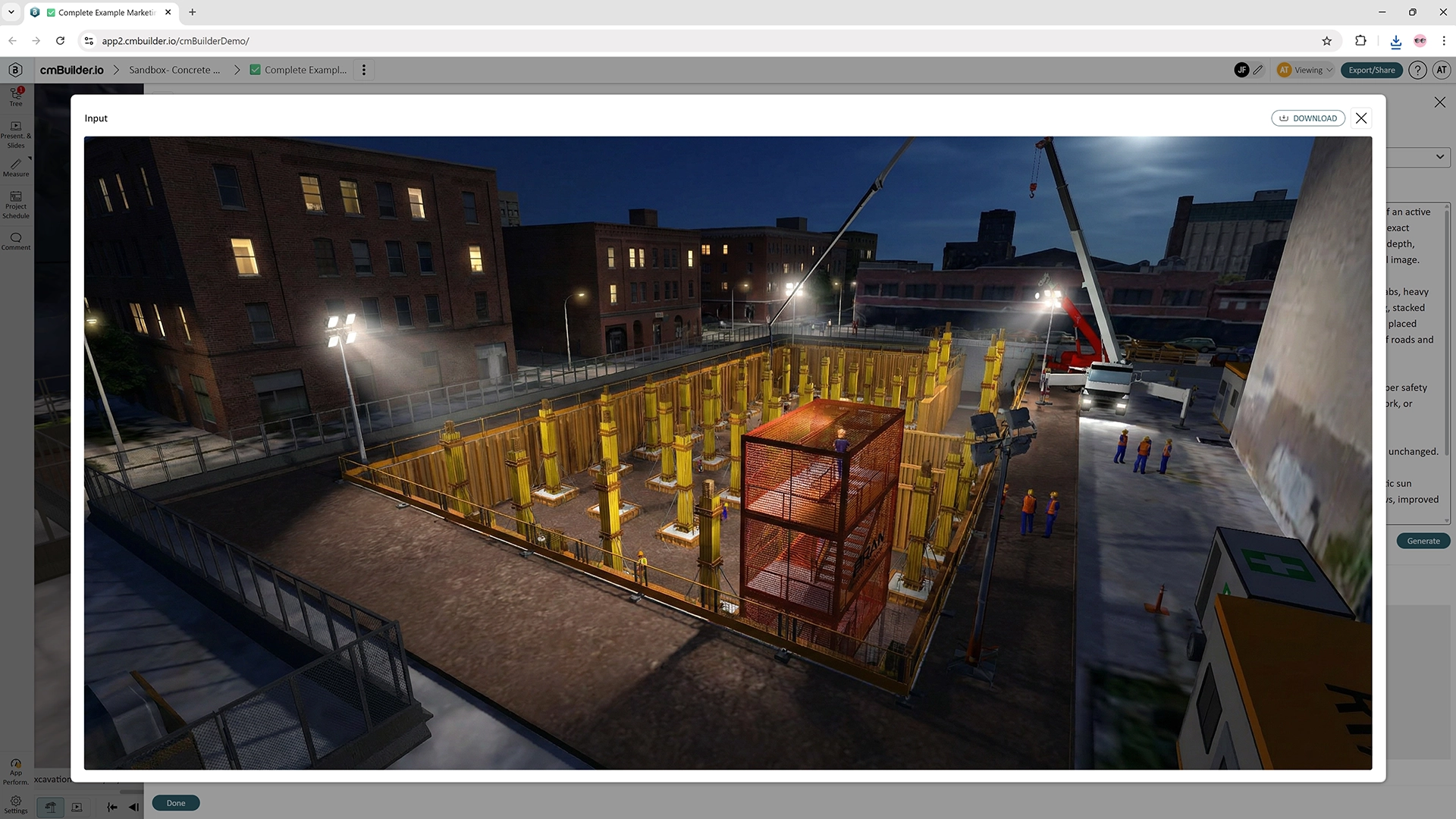 cmBuilder generated image rendering-night view of construction site