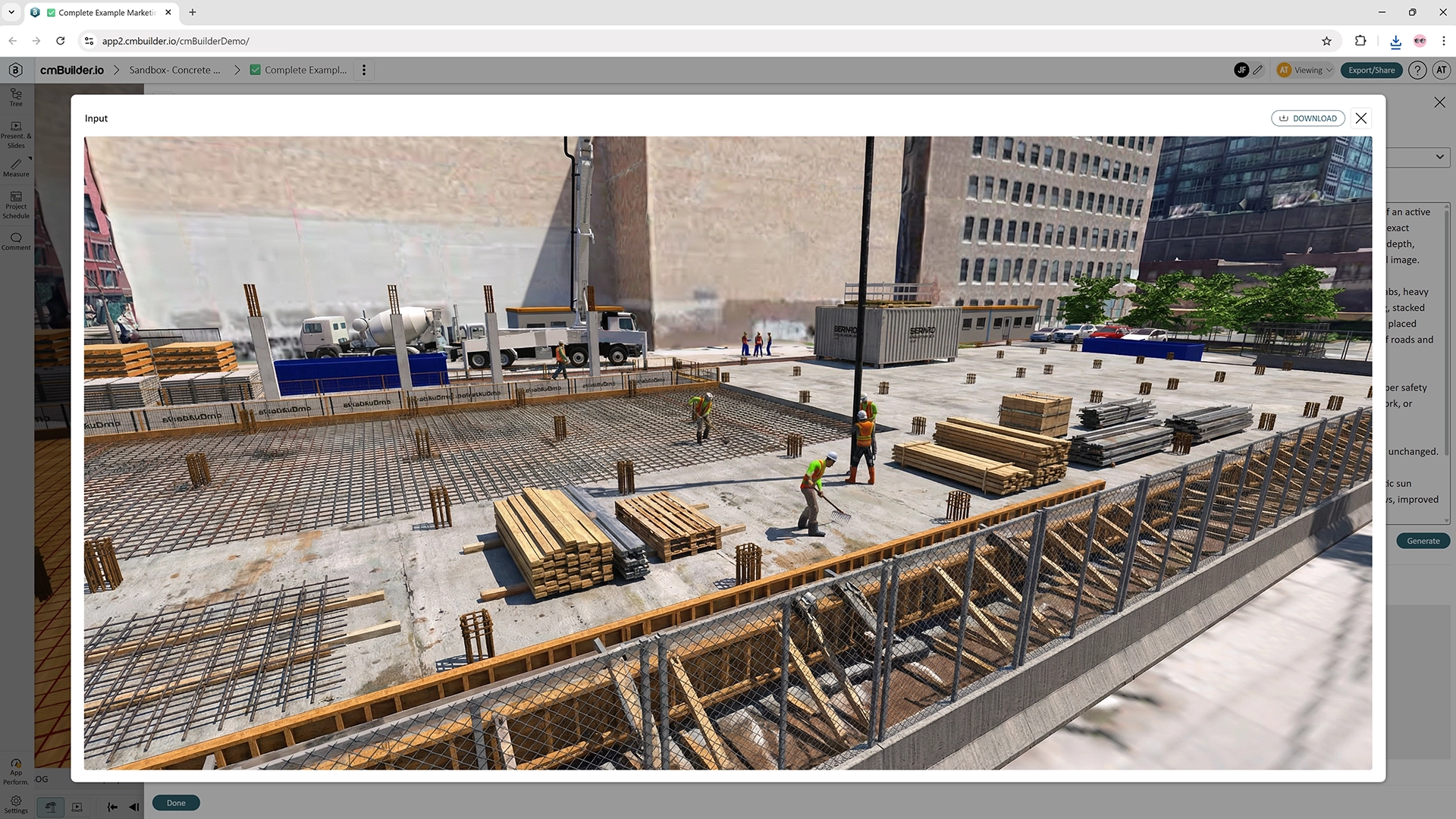 cmBuilder generated image rendering-active day view of construction site while pouring concrete