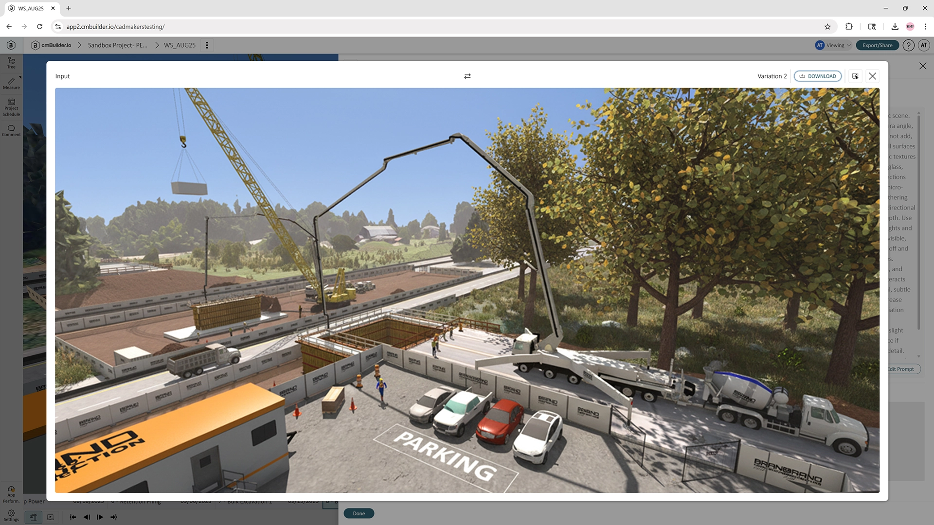 Bridge construction, concrete pouring concrete, AI enhanced photo of a project on cmBuilder platform.
