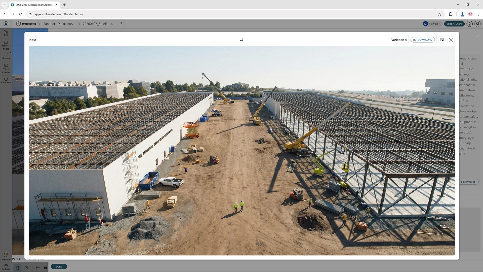 Steel construction of a Data Centre project done in cmBuilder.io, enhanced the view by AI