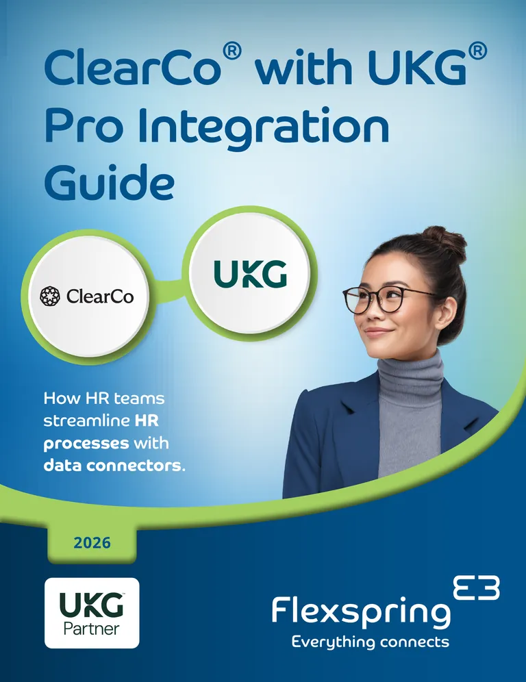 Couverture du guide d'intégration de ClearCompany avec UKG Pro publié par Flexspring