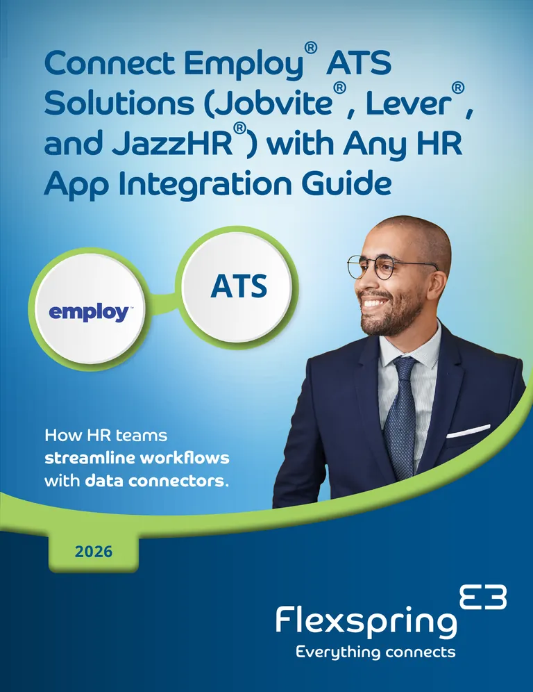 Portada de la guía «Integración de las soluciones ATS (Jobvite, Lever, JazzHR) con cualquier aplicación de RR. HH.» de Flexspring