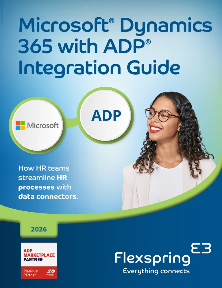 Titelbild des Leitfadens „Microsoft Dynamics 365 mit ADP -Integration“ von Flexspring