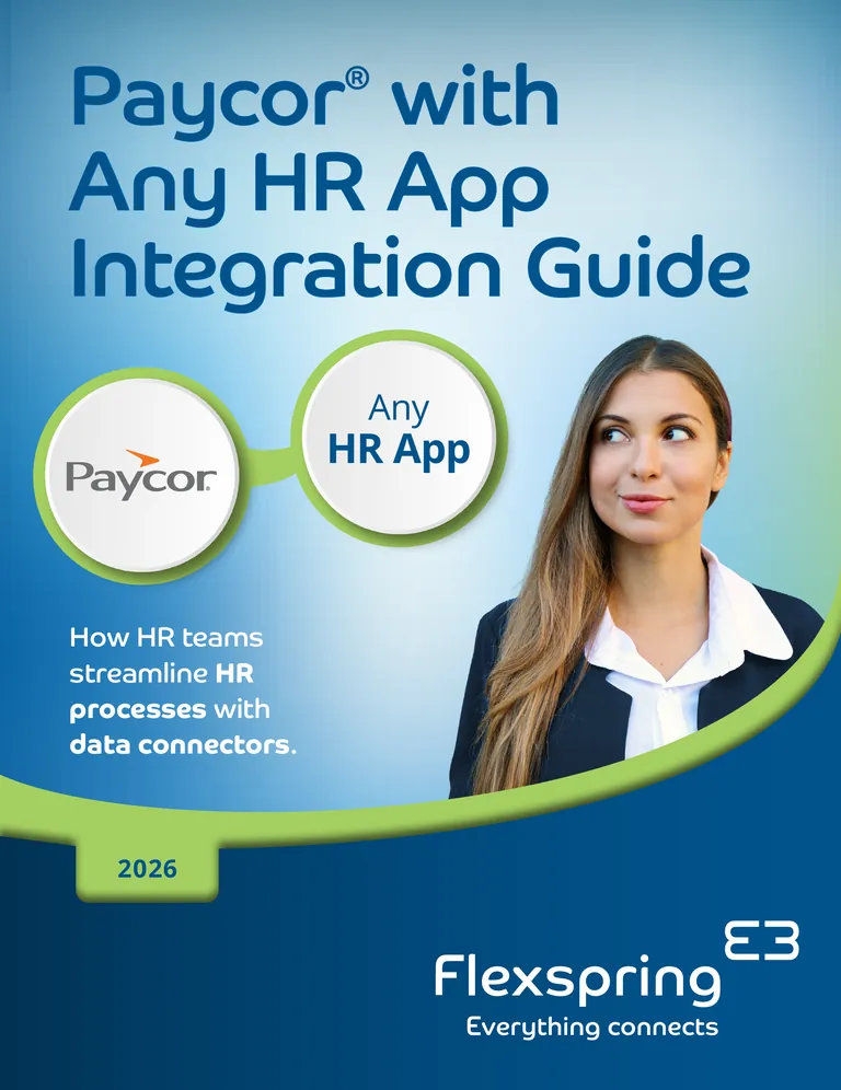 Titelseite des Leitfadens „Paycor mit beliebigen HR-Apps integrieren“ von Flexspring