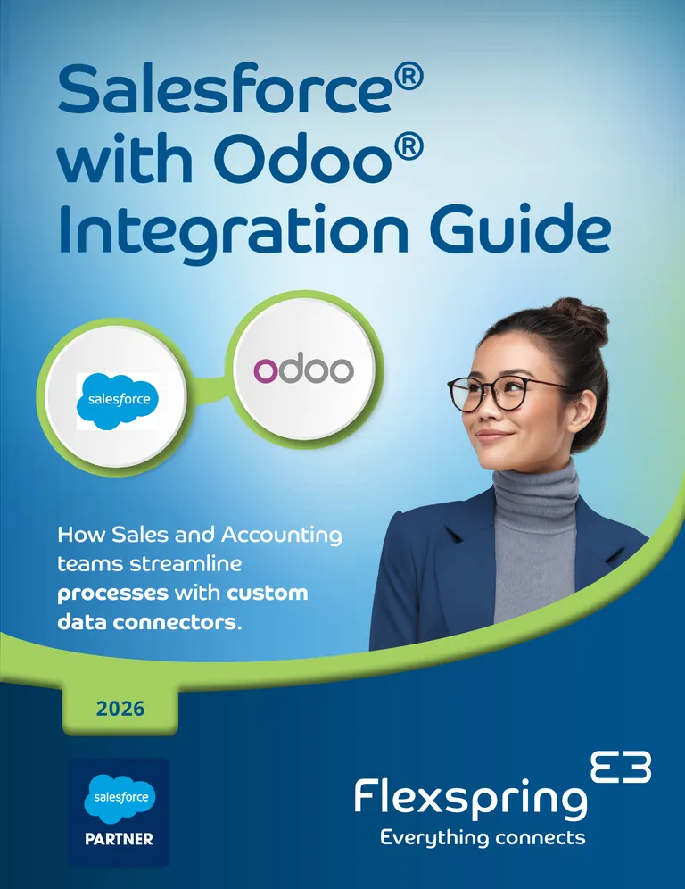 Cover of the Salesforce with Odoo Integration Guide from Flexspring