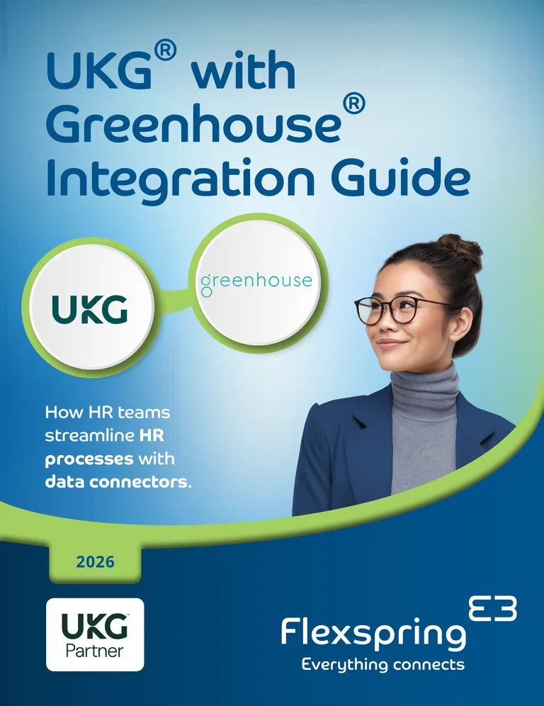 Portada de la guía de integración «UKG con Greenhouse » de Flexspring