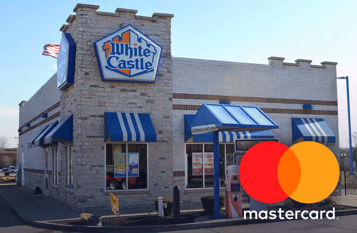 White Castle fast food restaurant exterior with Mastercard logo on top