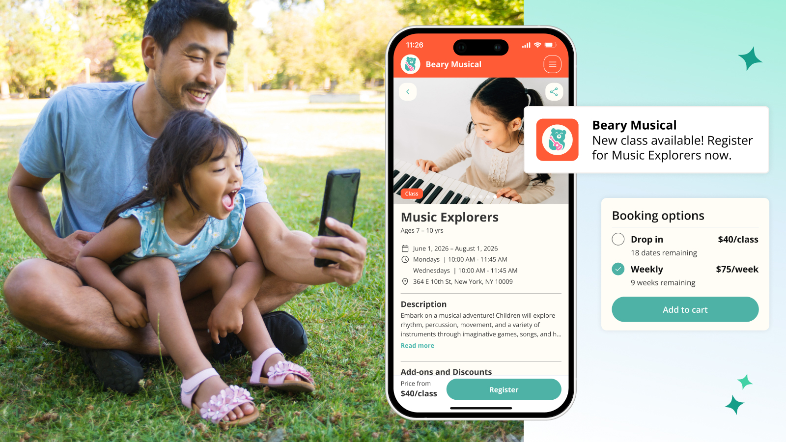 Parent booking children's activity on mobile app