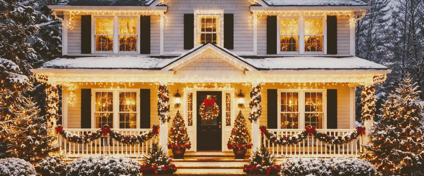 imagen realista de una vista frontal de una casa típica americana decorada para recibir la navidad