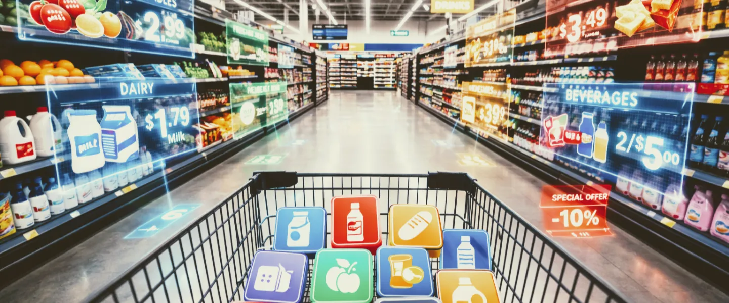 POV de un carro de compras cargado de íconos digitales de productos en un pasillo de tienda de supermercados con información de realidad aumentada