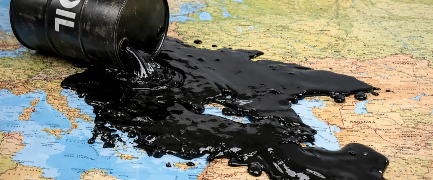 Barril de petróleo derramado sobre un mapa de Medio Oriente, Europa y Asia