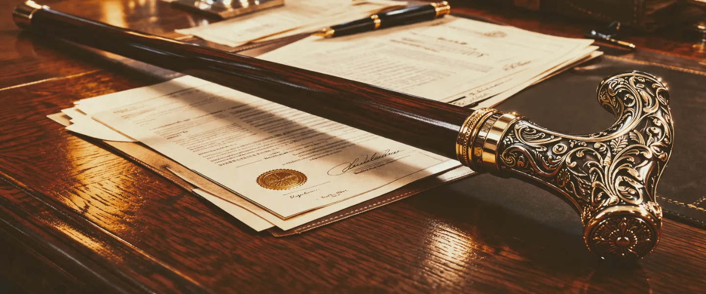 Escritorio elegante con papeles importantes sobre los que se apoya un bastón de madera y empuñadura lujosas