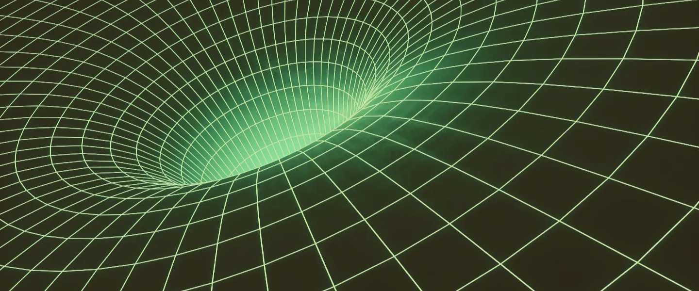 Una grilla digital verde que se deforma hacia un punto central, evocando profundidad.