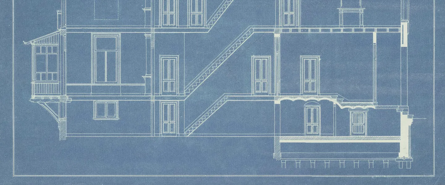 Plano azul del perfil de una casa de varios pisos