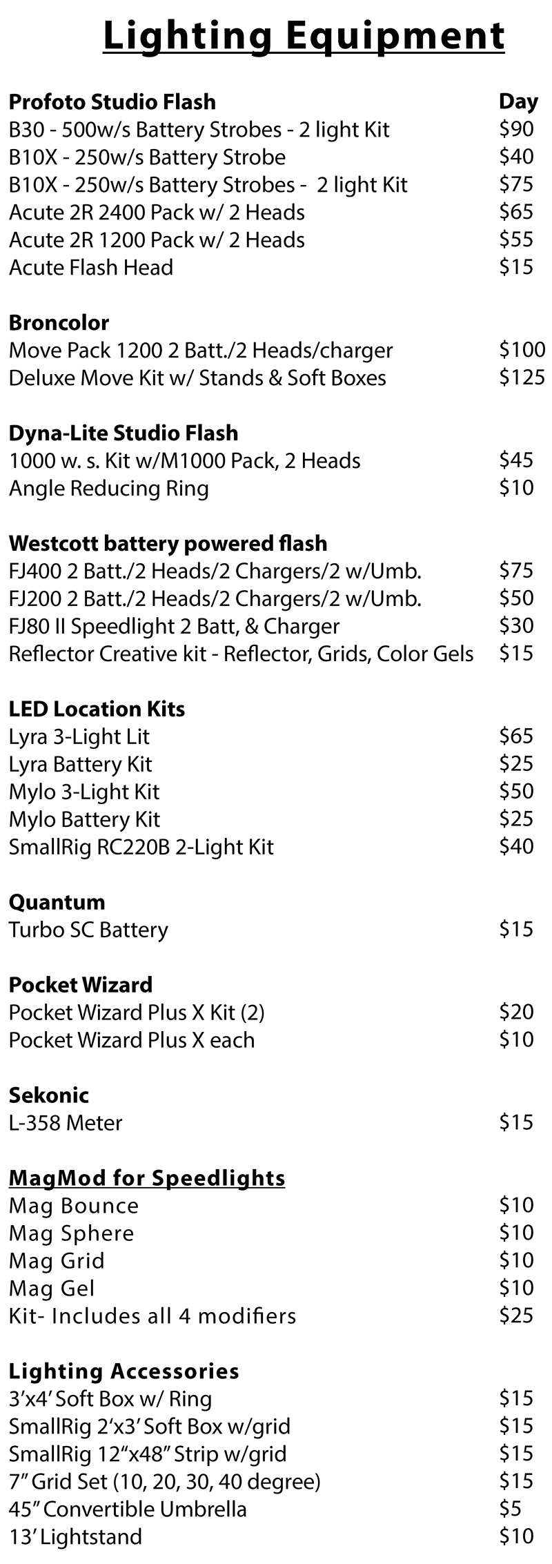 DSLRs, Lenses, and Flashes Rental List