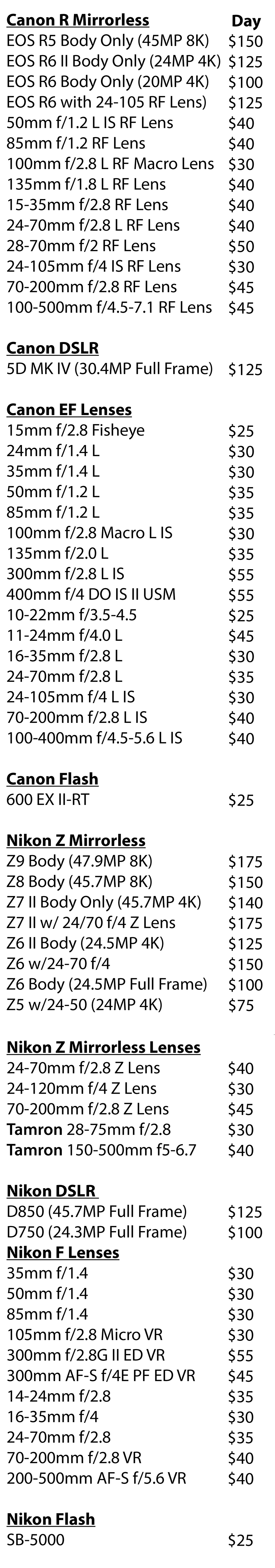 Lighting Equipment Rental List