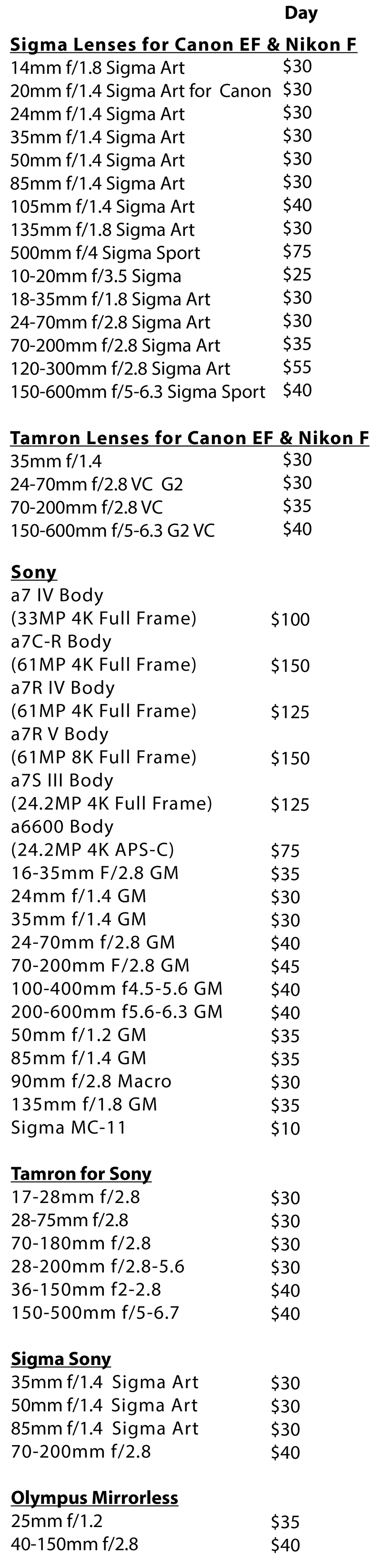 Audio/Video Equipment Rental List