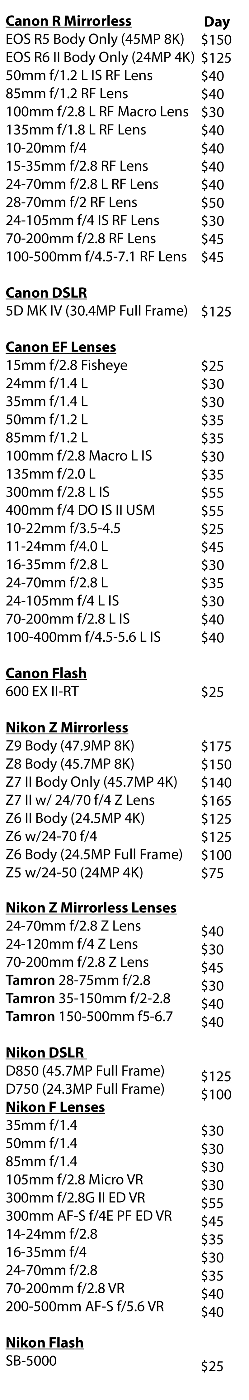Lighting Equipment Rental List