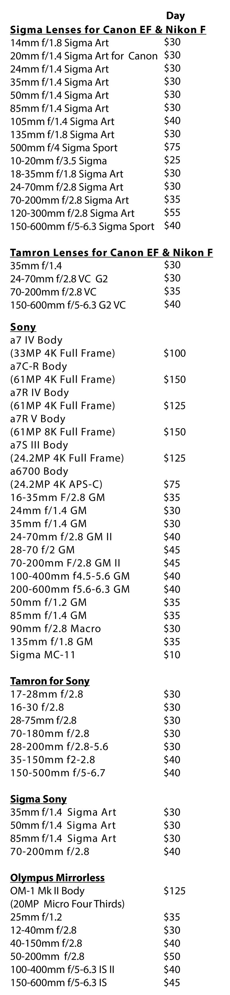 Audio/Video Equipment Rental List