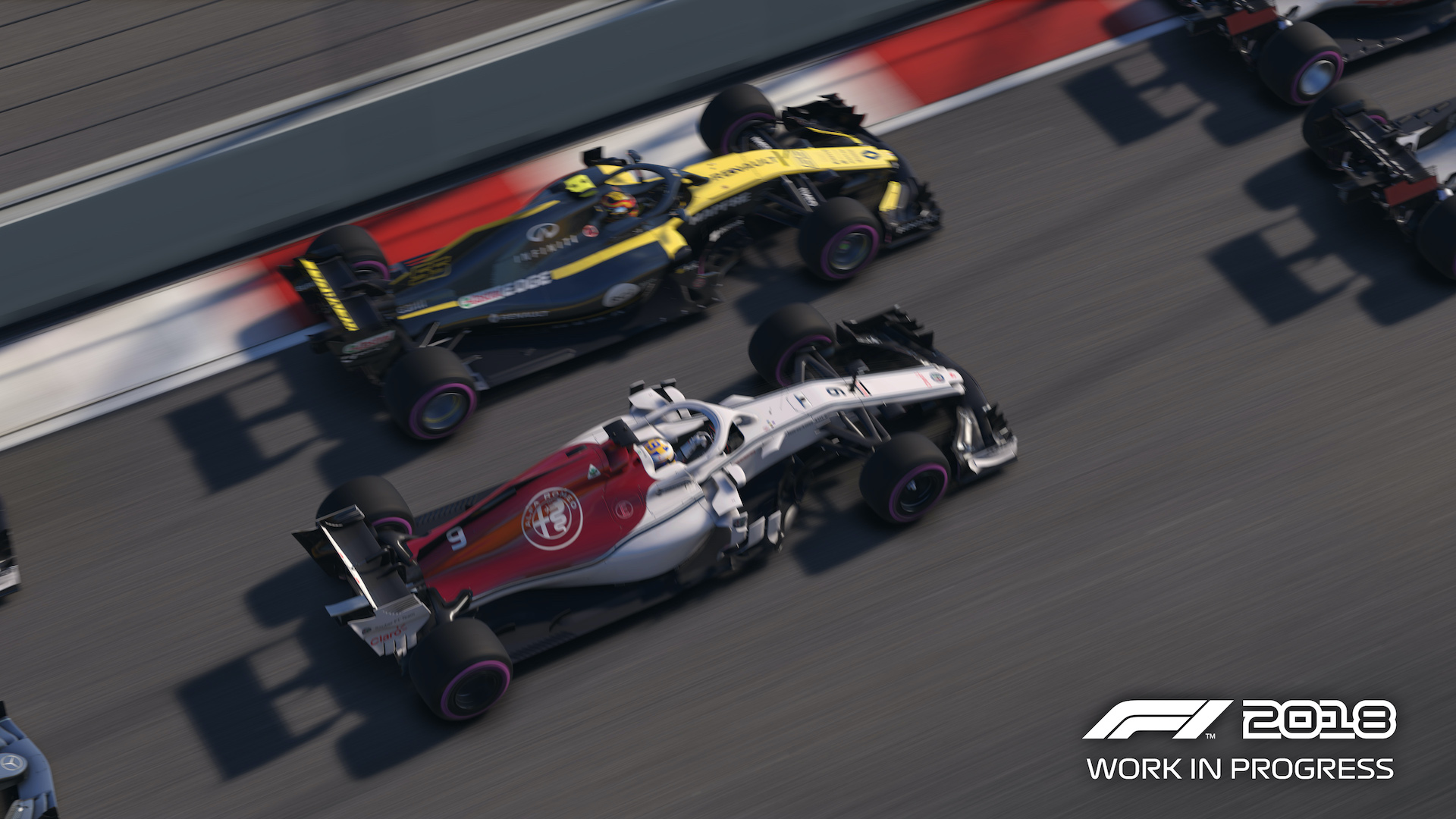 A top-down shot of two cars neck-and-neck racing.