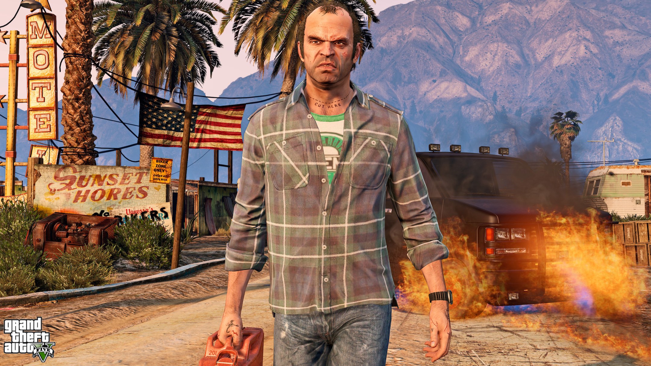Trevor walking away from a blazing vehicle holding a petrol can.