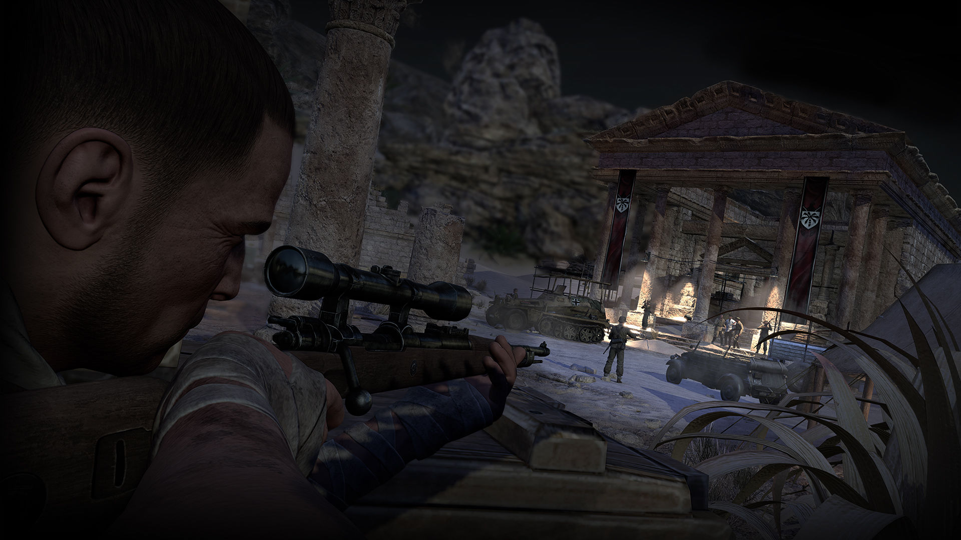 Over-the-shoulder shot of a sniper training his sights on an enemy.