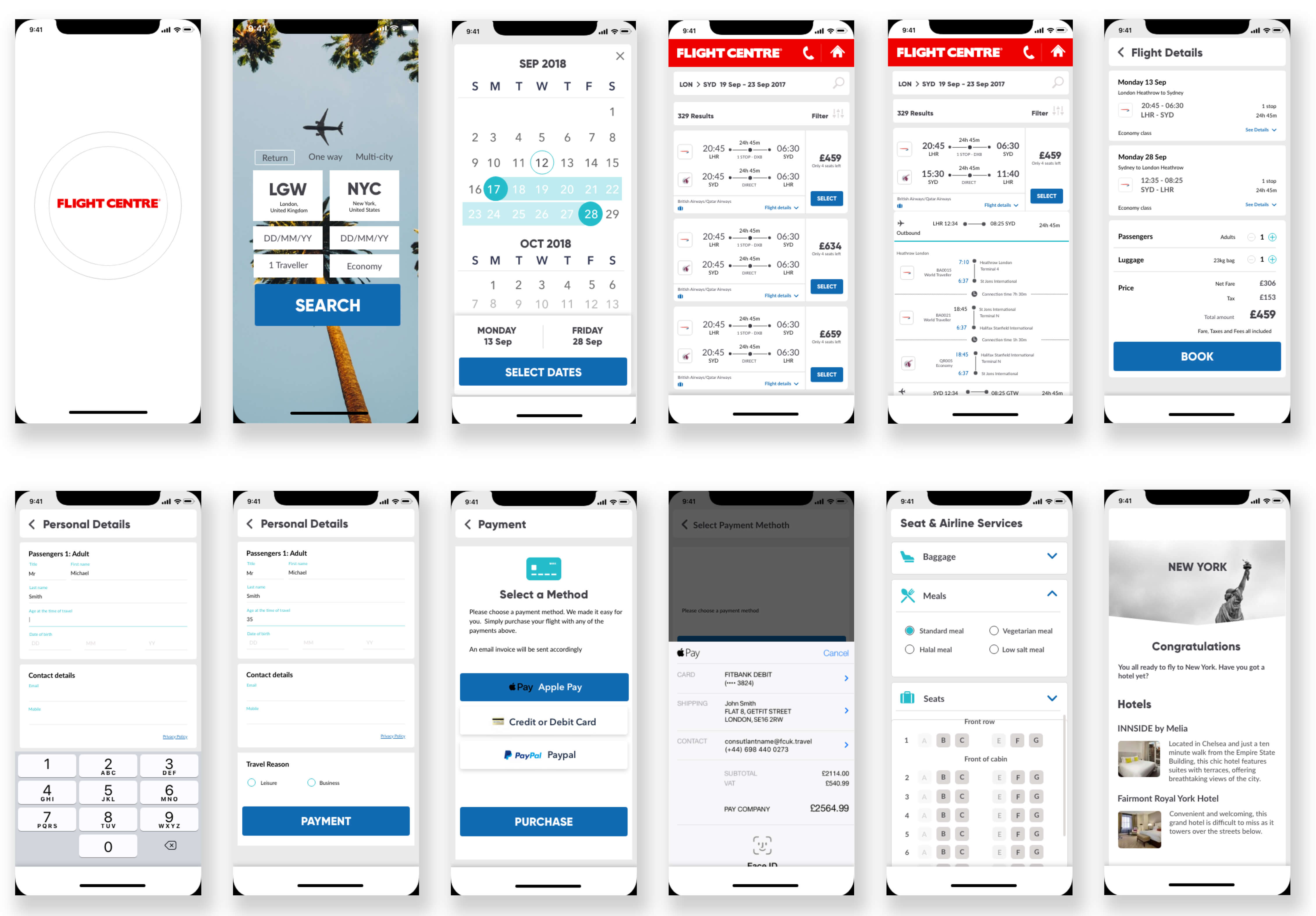 Flight Centre Booking App booking system screens