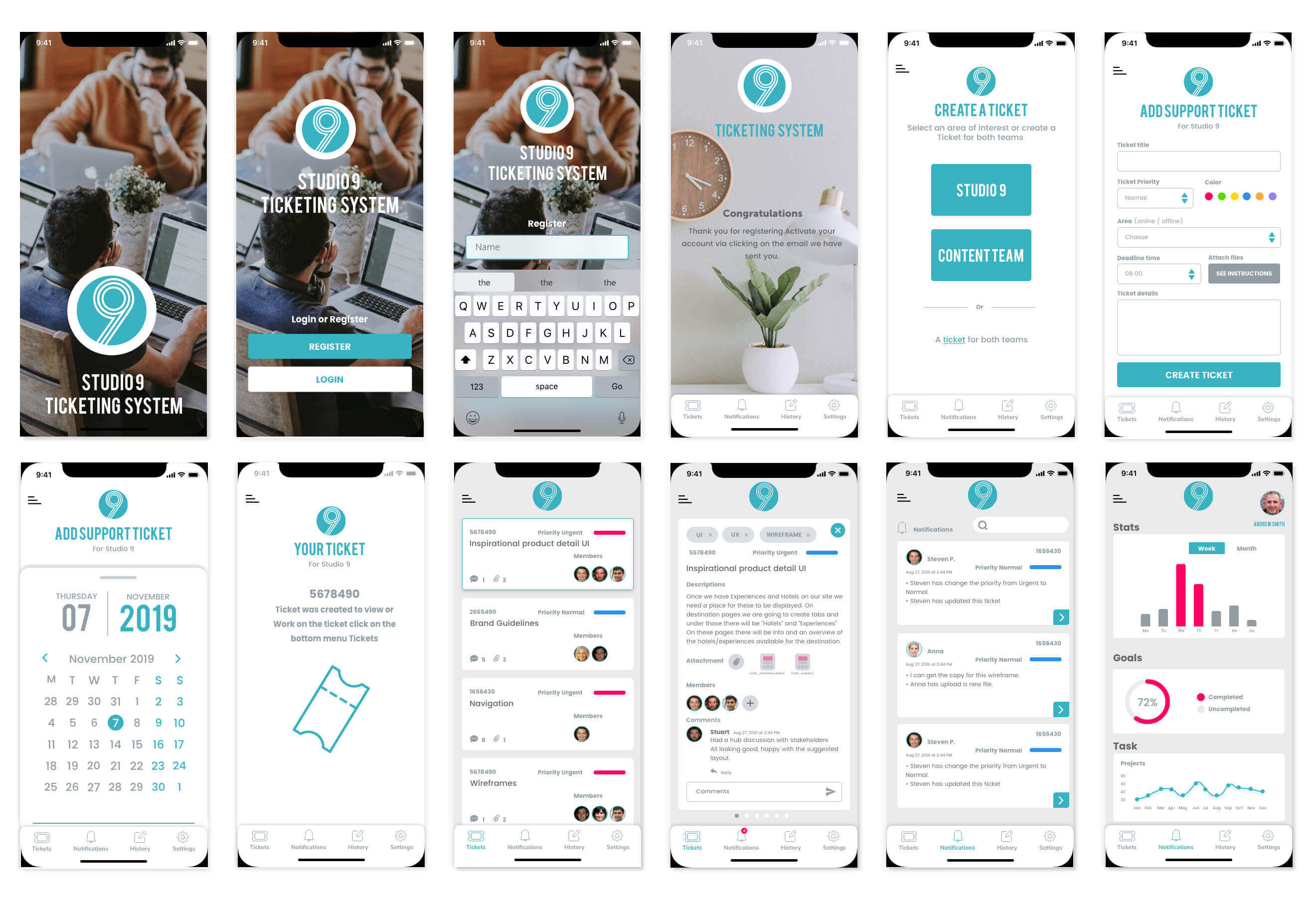 A series of designs of mobile app for a ticketing dashboard