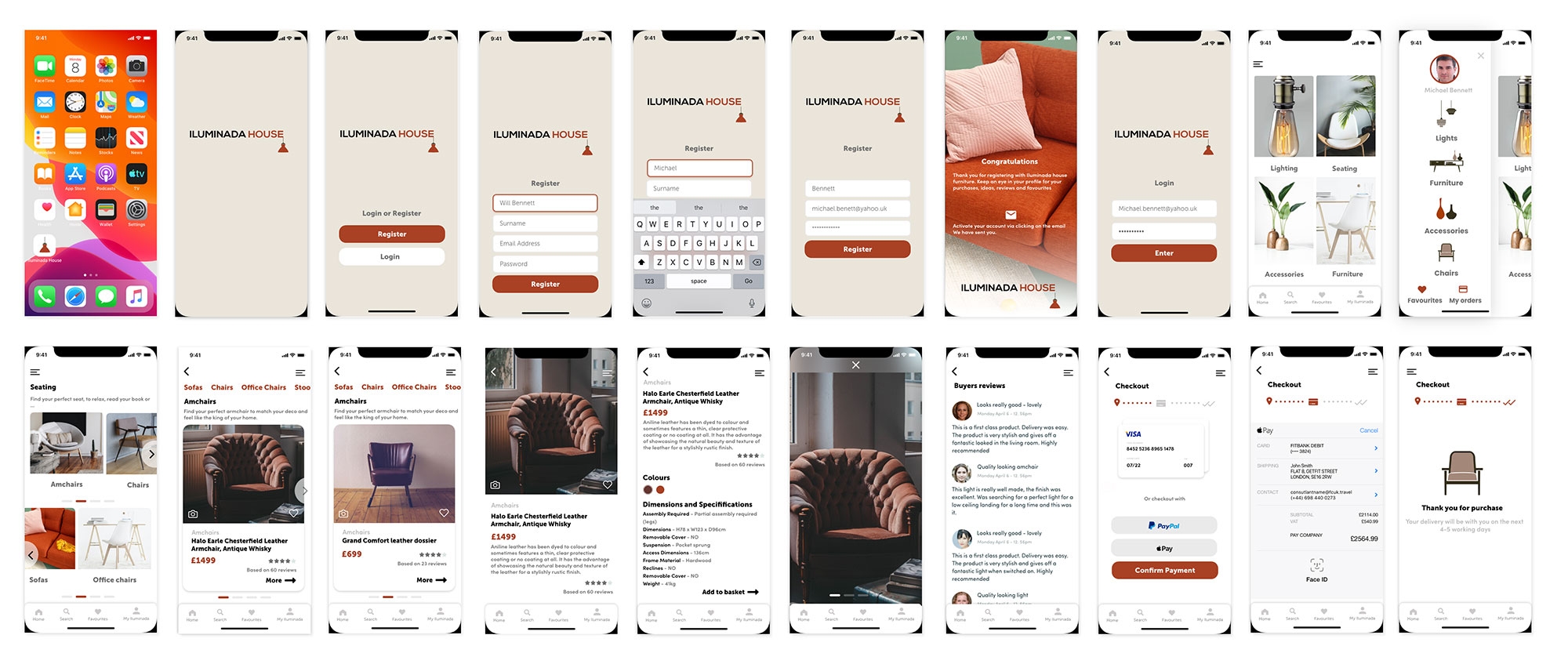 A series of mobile designs of a journey in which the user can buy retail products