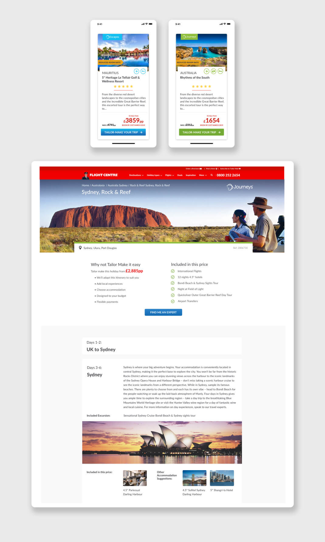product card and product detail screen grabs from flight centre