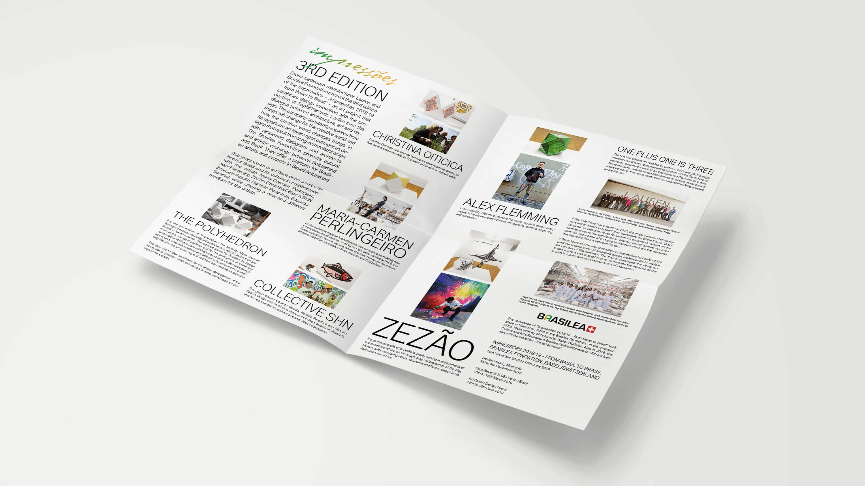 Ausgeklappter Flyer mit Text und Fotos zur Ausstellung in Miami von Laufen