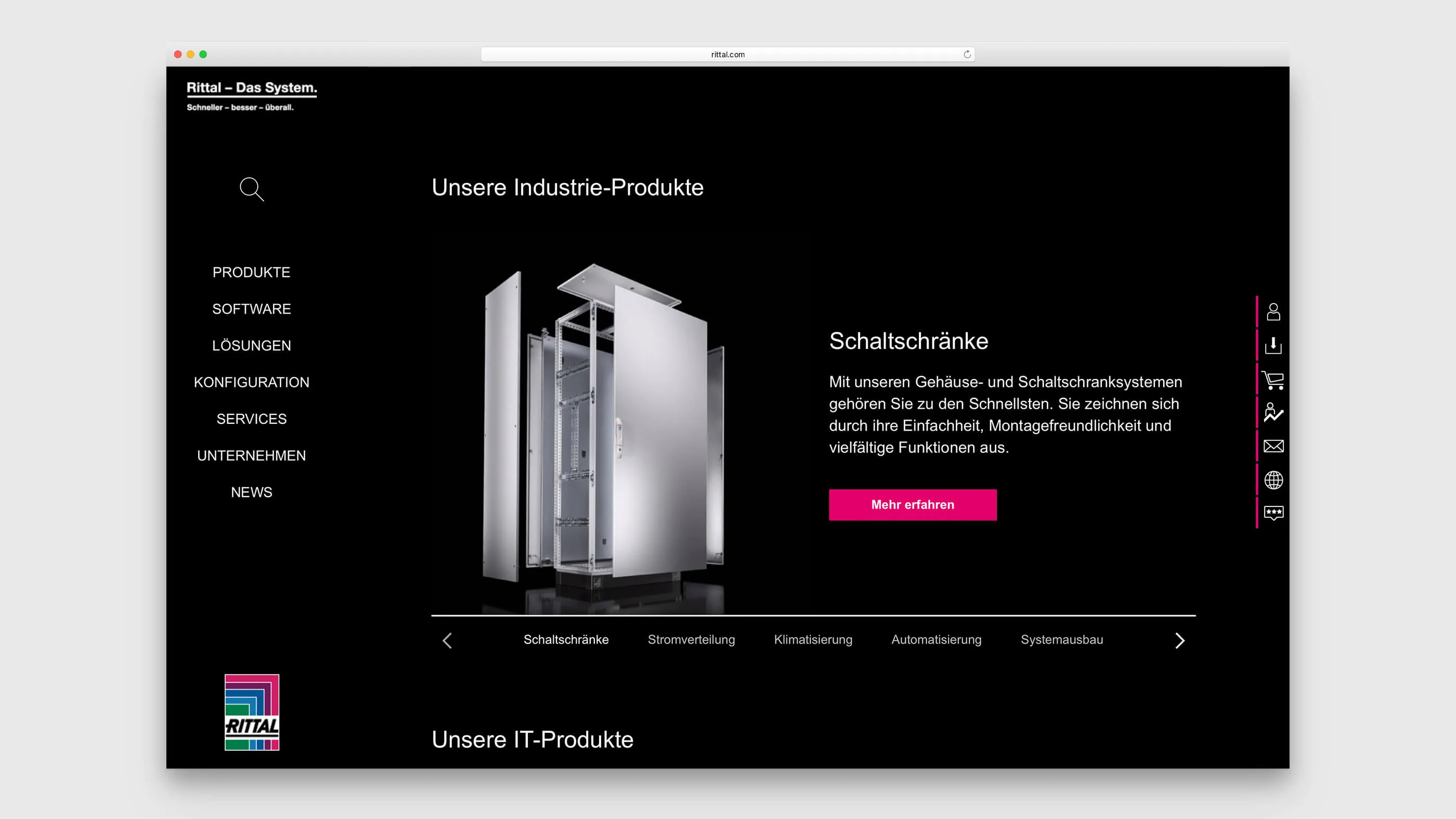 Einstiegsseite Schaltschränke auf rittal.com.